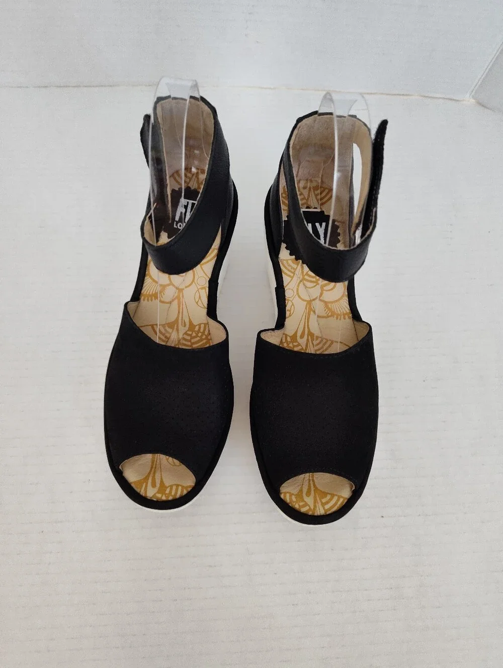 Fly London Yake Black Perforated Leather Ankle Strap Wedge Sandals sz 37 6-6.5